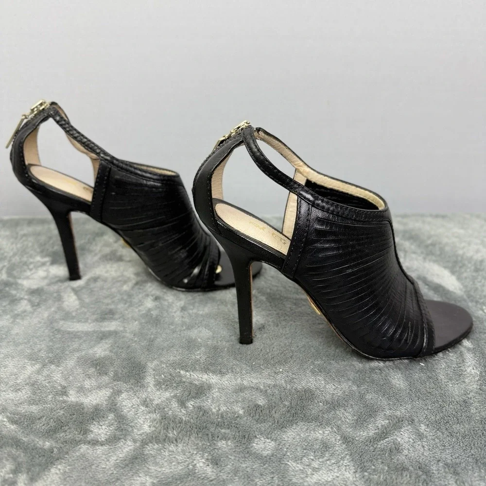 L.A.M.B. Gwen Stefani Black Leather Ankle Strappy‎ Caged Sandals High Heels 5.5